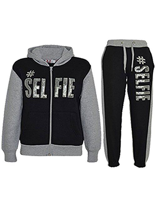 Kids Girls Tracksuit #Selfie Print Hoodie & Bottom Jog Suit New Age 7-13 Years