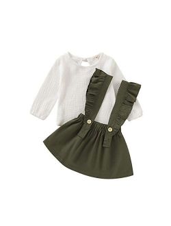 Little Girls Two Piece Clothes Set Good Kids Fall School Oufits Ruffles Clean White Shirt Buttons A-line Skirt