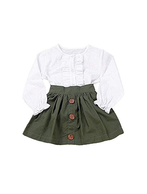 Little Girls Two Piece Clothes Set Good Kids Fall School Oufits Ruffles Clean White Shirt Buttons A-line Skirt