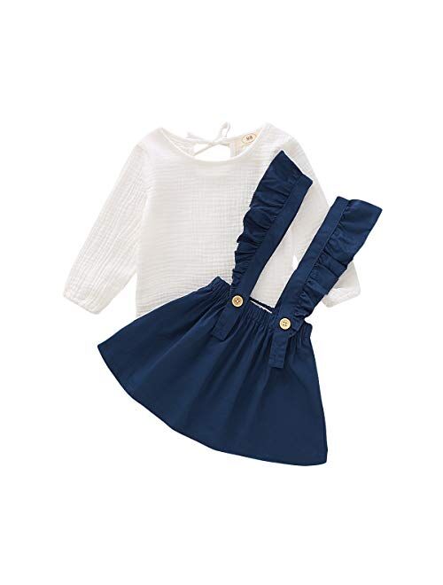 Little Girls Two Piece Clothes Set Good Kids Fall School Oufits Ruffles Clean White Shirt Buttons A-line Skirt