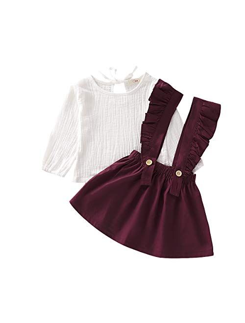 Little Girls Two Piece Clothes Set Good Kids Fall School Oufits Ruffles Clean White Shirt Buttons A-line Skirt