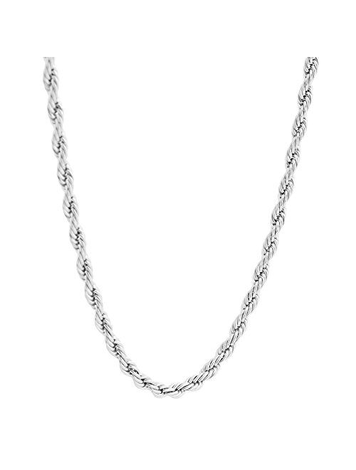 Stainless Steel 4mm Twist Rope Chain Necklace, 22" Inches-28" Inches