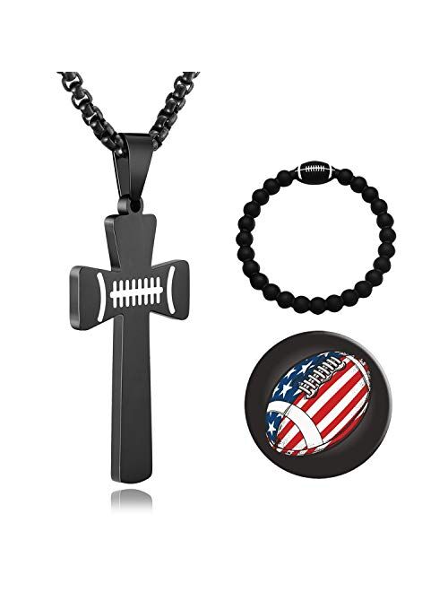 XIEXIELA USA Football Cross Necklace for Boys.I CAN DO All Things Strength Bible Verse Stainless Steel Necklace Rugby Ball Athletes Sports Lover