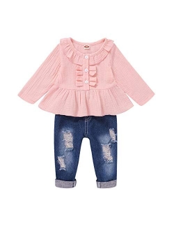 Toddler Baby Girl Outfits Long Sleeve Linen Shirt Cute Ripped Jeans Kids Denim Pants Set Winter Clothes