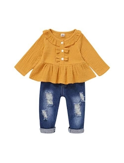 Toddler Baby Girl Outfits Long Sleeve Linen Shirt Cute Ripped Jeans Kids Denim Pants Set Winter Clothes