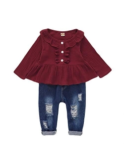 Toddler Baby Girl Outfits Long Sleeve Linen Shirt Cute Ripped Jeans Kids Denim Pants Set Winter Clothes