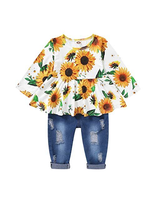 Toddler Baby Girl Outfits Long Sleeve Linen Shirt Cute Ripped Jeans Kids Denim Pants Set Winter Clothes