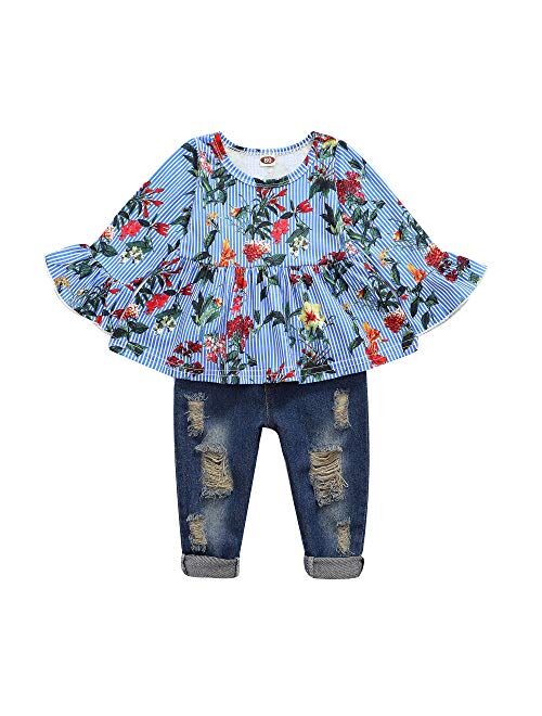 Toddler Baby Girl Outfits Long Sleeve Linen Shirt Cute Ripped Jeans Kids Denim Pants Set Winter Clothes