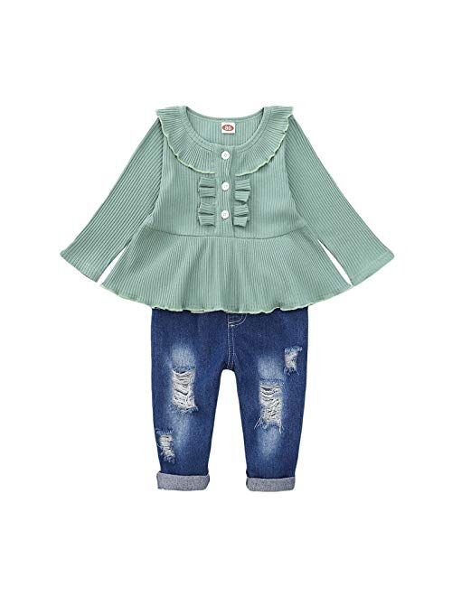 Toddler Baby Girl Outfits Long Sleeve Linen Shirt Cute Ripped Jeans Kids Denim Pants Set Winter Clothes