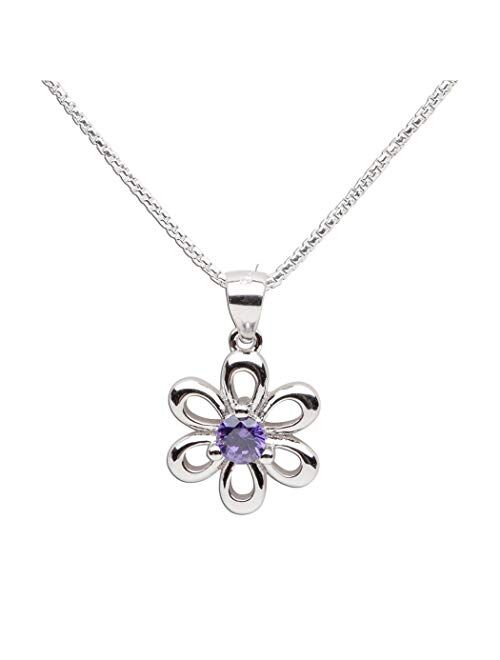 Girls Sterling Silver Daisy Simulated Birthstone Necklace for Children