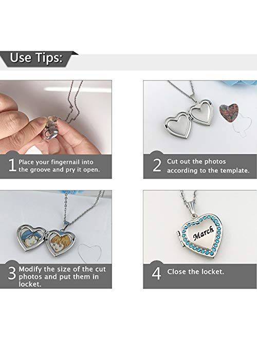 YOUFENG Love Heart Birthstones Locket Necklace Holds Pictures Paved Blue Red White CZ Rose Gold Living Memory Photo Lockets