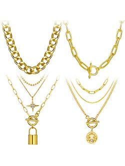 4PCS Gold Layered Chain Necklace set for Women Girls Boho Pendant with Lock Coin Chunky Link Chain Jewelry for Christmas Gift