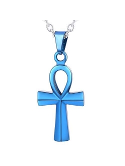 U7 Men Women Coptic Ankh Cross Necklace Polished Plain/Pyramid/3D Style Stainless Steel or 18K Real Gold Plated Egyptian Jewelry, Length 22-26 Inch, Send Gift Box