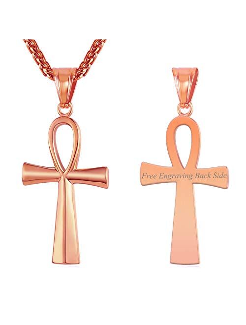 U7 Men Women Coptic Ankh Cross Necklace Polished Plain/Pyramid/3D Style Stainless Steel or 18K Real Gold Plated Egyptian Jewelry, Length 22-26 Inch, Send Gift Box