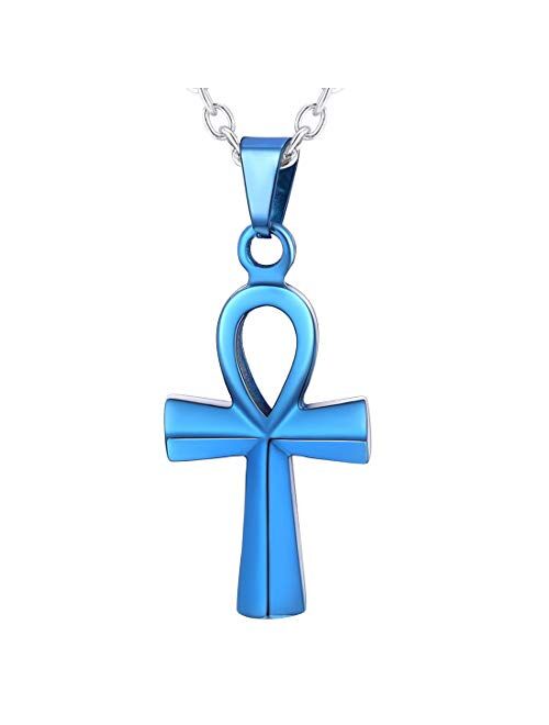 U7 Men Women Coptic Ankh Cross Necklace Polished Plain/Pyramid/3D Style Stainless Steel or 18K Real Gold Plated Egyptian Jewelry, Length 22-26 Inch, Send Gift Box