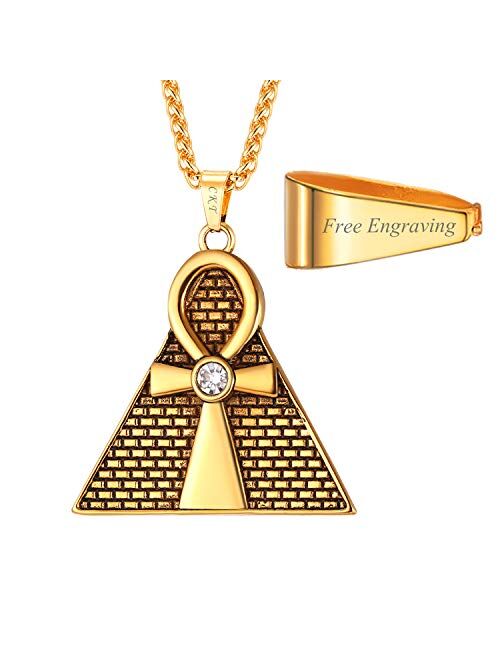 U7 Men Women Coptic Ankh Cross Necklace Polished Plain/Pyramid/3D Style Stainless Steel or 18K Real Gold Plated Egyptian Jewelry, Length 22-26 Inch, Send Gift Box