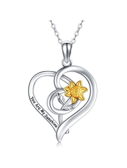 925 Sterling Silver Heart Shape Flower Necklace Collections Sunflower Sunshine Necklace Rose Pendant Necklace Jewelry For Women Girls for Her Birthday Christmas Gifts