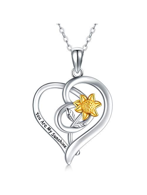 925 Sterling Silver Heart Shape Flower Necklace Collections Sunflower Sunshine Necklace Rose Pendant Necklace Jewelry For Women Girls for Her Birthday Christmas Gifts