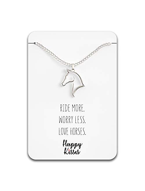 Happy Kisses Horse Necklace Horse Gift for Horseback Riders Cute Outline Pendant for Women & Girls - Sweet Message Card