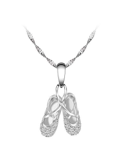 GemsChest 925 Sterling Silver Childrens Ballerina Necklace Jewelry Cubic Zirconia Ballet Slippers Shoes Necklace for Teen & Dancer 18"