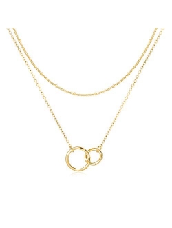 Fettero Layered Necklace Double Circle Generations Interlocking Infinity Hammered Pendant Dainty 14K Plated Minimalist Simple for Mother Daughter Sister Granddaughter Gra