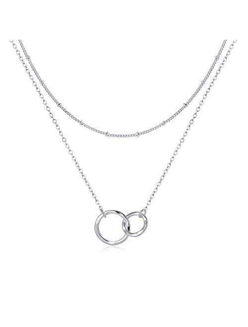 Fettero Layered Necklace Double Circle Generations Interlocking Infinity Hammered Pendant Dainty 14K Plated Minimalist Simple for Mother Daughter Sister Granddaughter Gra