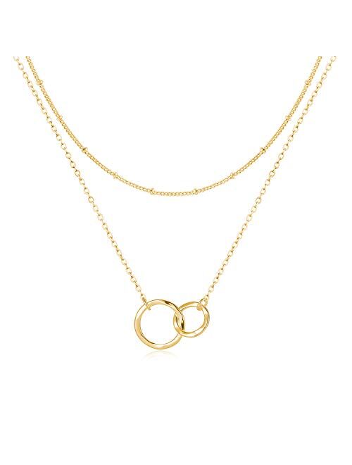 Fettero Layered Necklace Double Circle Generations Interlocking Infinity Hammered Pendant Dainty 14K Plated Minimalist Simple for Mother Daughter Sister Granddaughter Gra