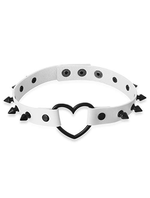 FM FM42 Multicolor Simulated Leather PU Black-Tone/Silver-Tone Heart Ring Rivet Spiked Necklace Neckband Choker