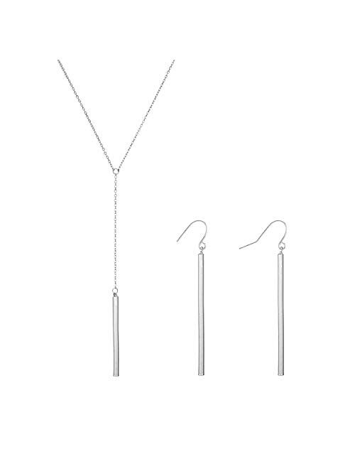 2Pcs Y Pendant Necklace Bar Earring Set Lariat Necklace Long Stick Drop Dangle Earring For Women