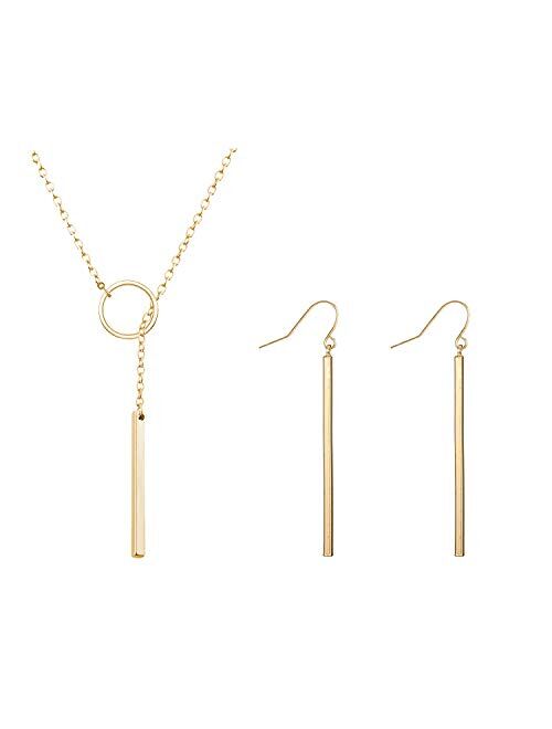 2Pcs Y Pendant Necklace Bar Earring Set Lariat Necklace Long Stick Drop Dangle Earring For Women