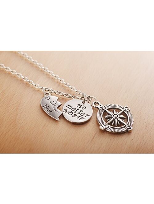 Udobuy2 Pcs Silver Best Friends No Matter Where Compass Necklaces Set Heart for Teen Girls BFF Friendship Necklaces