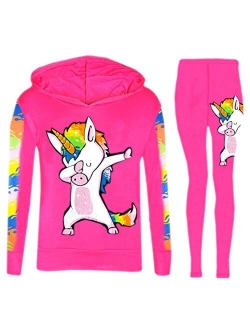 Girls Dabbing Unicorn Hooded Top and Leggings Tracksuit Set in Size 5-13 Years