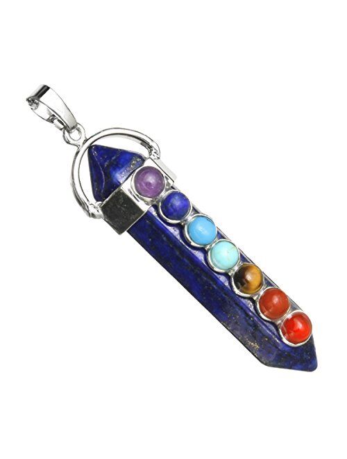 BEADNOVA 7 Chakra Gemstones Necklace Hexagonal Healing Point Crystal Pendant Necklace Stainless Steel Chain 18"