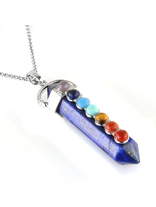 BEADNOVA 7 Chakra Gemstones Necklace Hexagonal Healing Point Crystal Pendant Necklace Stainless Steel Chain 18"