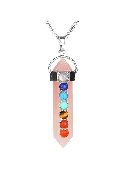 BEADNOVA 7 Chakra Gemstones Necklace Hexagonal Healing Point Crystal Pendant Necklace Stainless Steel Chain 18"