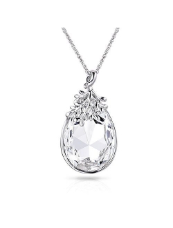 Alantyer Austrian Crystal Teardrop Necklace with Lucky Olive Leaf Birthstone Pendant 14K White Gold Plated Chain Necklace for Women Girls Silver Jewelry Gift 18''