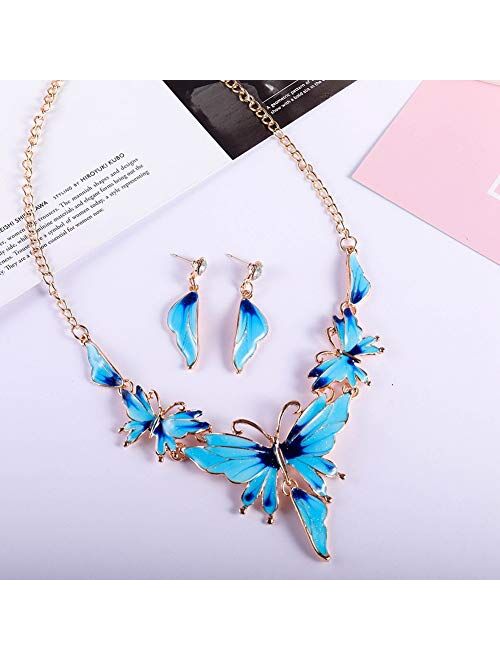 QIYUN.Z Enamel Butterfly Pendant Bib Fringe Y Neck Lariat Necklace Stud Earrings Set