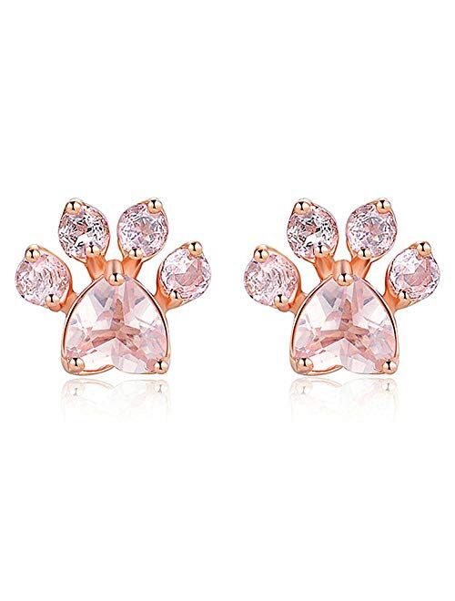 CULOVITY Dainty Paw Stud Earrings Rings Necklace Set - 18K Rose Gold Fill Cubic Zirconia Earring Adjustable Ring Hypoallergenic Jewelry for Puppy Lovers