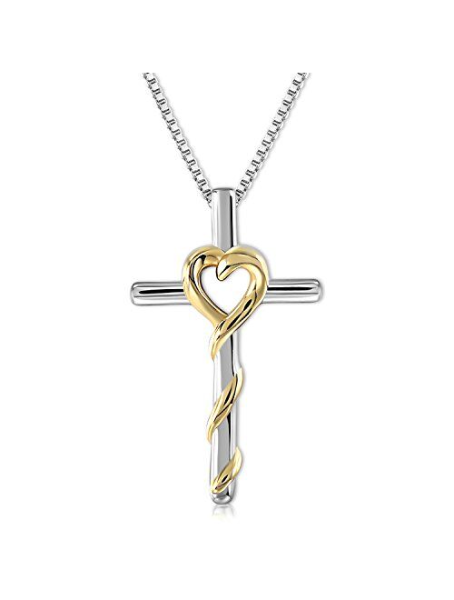 GEORGE SMITH 14K White Gold Plated Cross Necklace for Women-Dainty Rose Flower Crucifix Pendant Necklace Birthday Jewelry Gifts, 18-20 Inches Link Chain