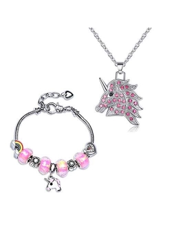 JACKY CHARMING Pink Unicorn Crystal Zircon Necklace and Charm Bracelet Bangle Set for Women Girls Jewlery Birthday Gift