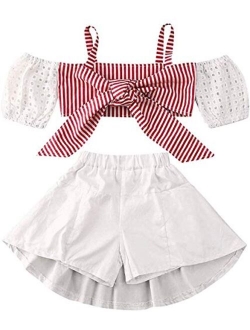 Toddler Baby Girl Sleeveless White Tank Top Shirts+Gray Stripe Shorts Pant with Bow Belt+Headband Summer Clothes Set