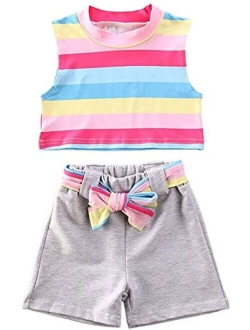 Toddler Baby Girl Sleeveless White Tank Top Shirts+Gray Stripe Shorts Pant with Bow Belt+Headband Summer Clothes Set