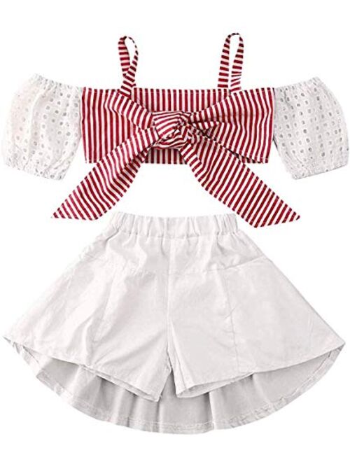 Toddler Baby Girl Sleeveless White Tank Top Shirts+Gray Stripe Shorts Pant with Bow Belt+Headband Summer Clothes Set