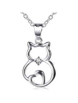 Sterling Silver Cute Cat Lover Gift Cat Pendant Necklace for Women Teen Girls, 18 Inches