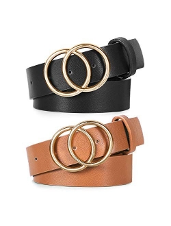 2 Pack Double Ring Belt for Women, Faux Leather Jeans Belts with Golden Circle Buckle