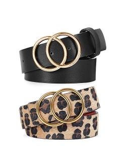 2 Pack Double Ring Belt for Women, Faux Leather Jeans Belts with Golden Circle Buckle