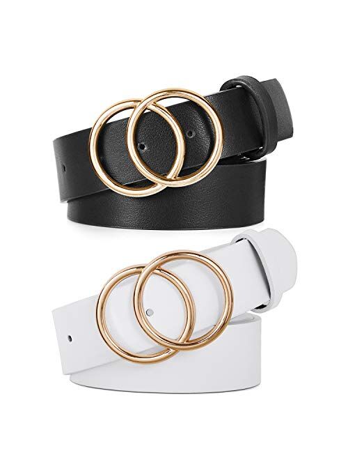 2 Pack Double Ring Belt for Women, Faux Leather Jeans Belts with Golden Circle Buckle