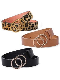 3 Pack Double Ring Belt for Women, Faux Leather Jeans Belts with Golden Circle Buckle