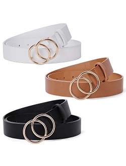 3 Pack Double Ring Belt for Women, Faux Leather Jeans Belts with Golden Circle Buckle