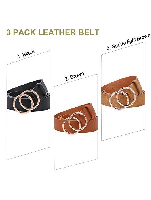 3 Pack Double Ring Belt for Women, Faux Leather Jeans Belts with Golden Circle Buckle